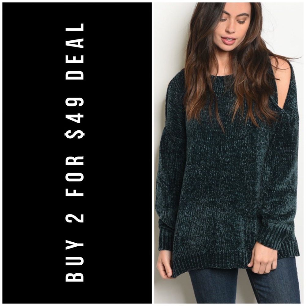 ❄️LAST2️⃣//TEAL CHENILLE COLD SHOULDER SWEATER